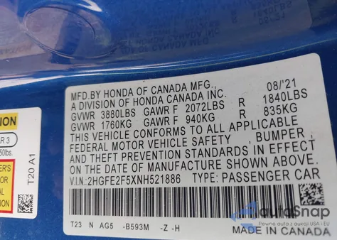 2022 Honda Civic Sport from USA, damaged, VIN 2HGFE2F5XNH521886